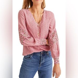 Boden Eva Ditsy Floral Print Long Sleeve Pink V-neck Top, size 12
